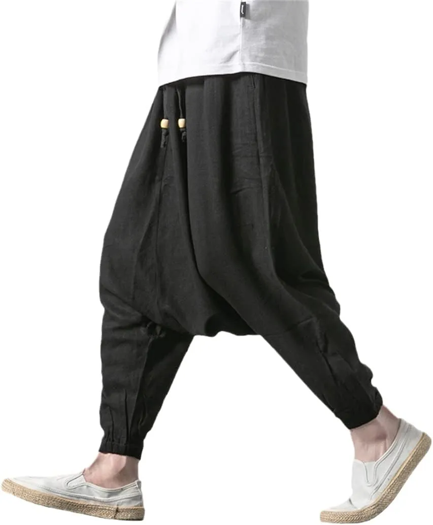 Alloaone Men Drop Crotch Wide Legs Pants Chinese Style Linen Harem Pants Hip Hop Streetwear Chic Loose