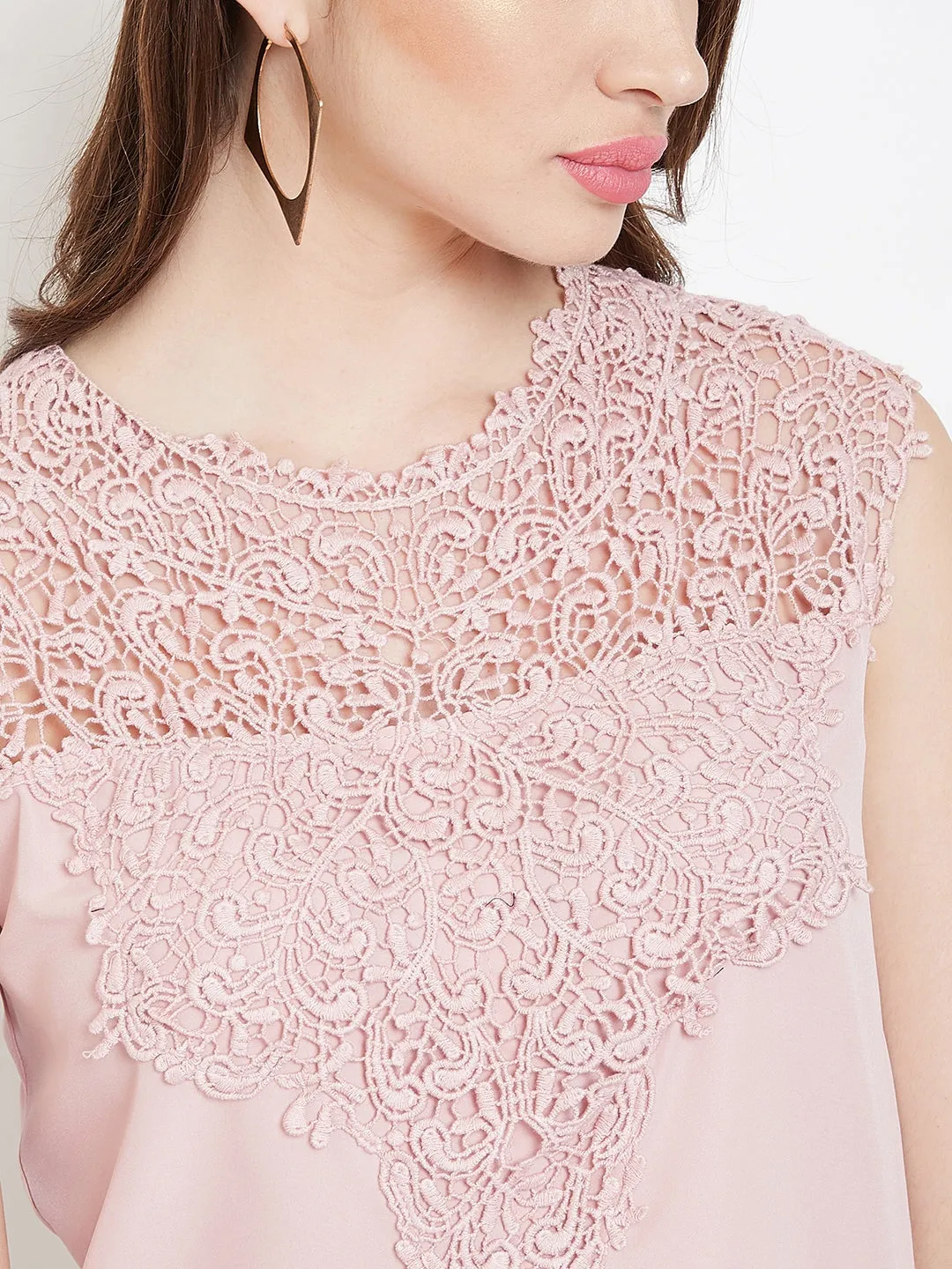 Berrylush Women Solid Pink Round-Neck Lace Embroidered Regular Top