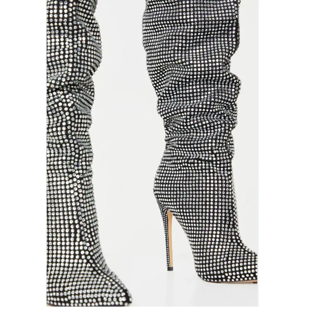 Black Diamanté Slouch Thigh High Leather Stiletto Boots