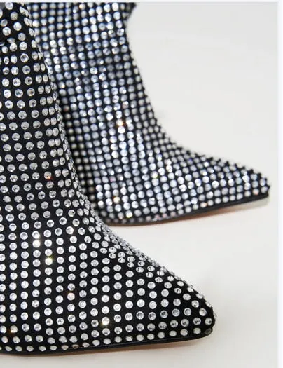 Black Diamanté Slouch Thigh High Leather Stiletto Boots