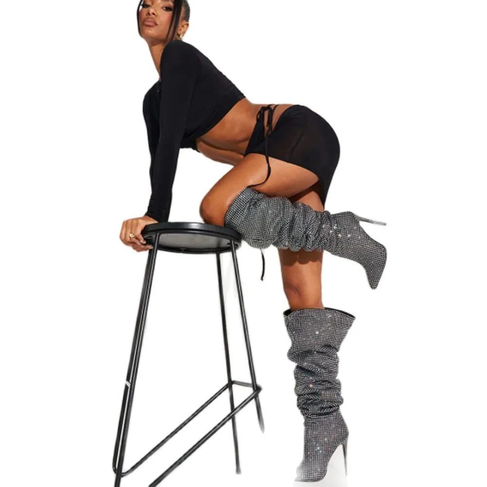 Black Diamanté Slouch Thigh High Leather Stiletto Boots