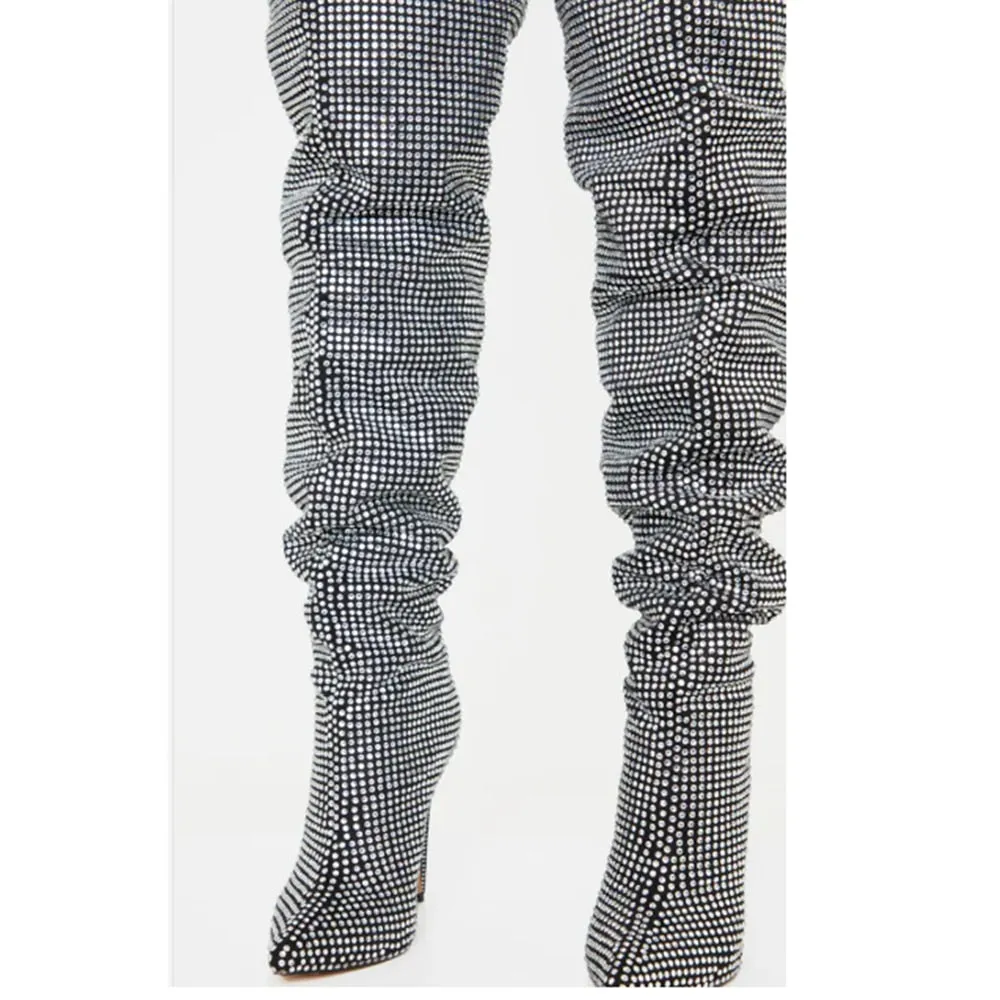 Black Diamanté Slouch Thigh High Leather Stiletto Boots