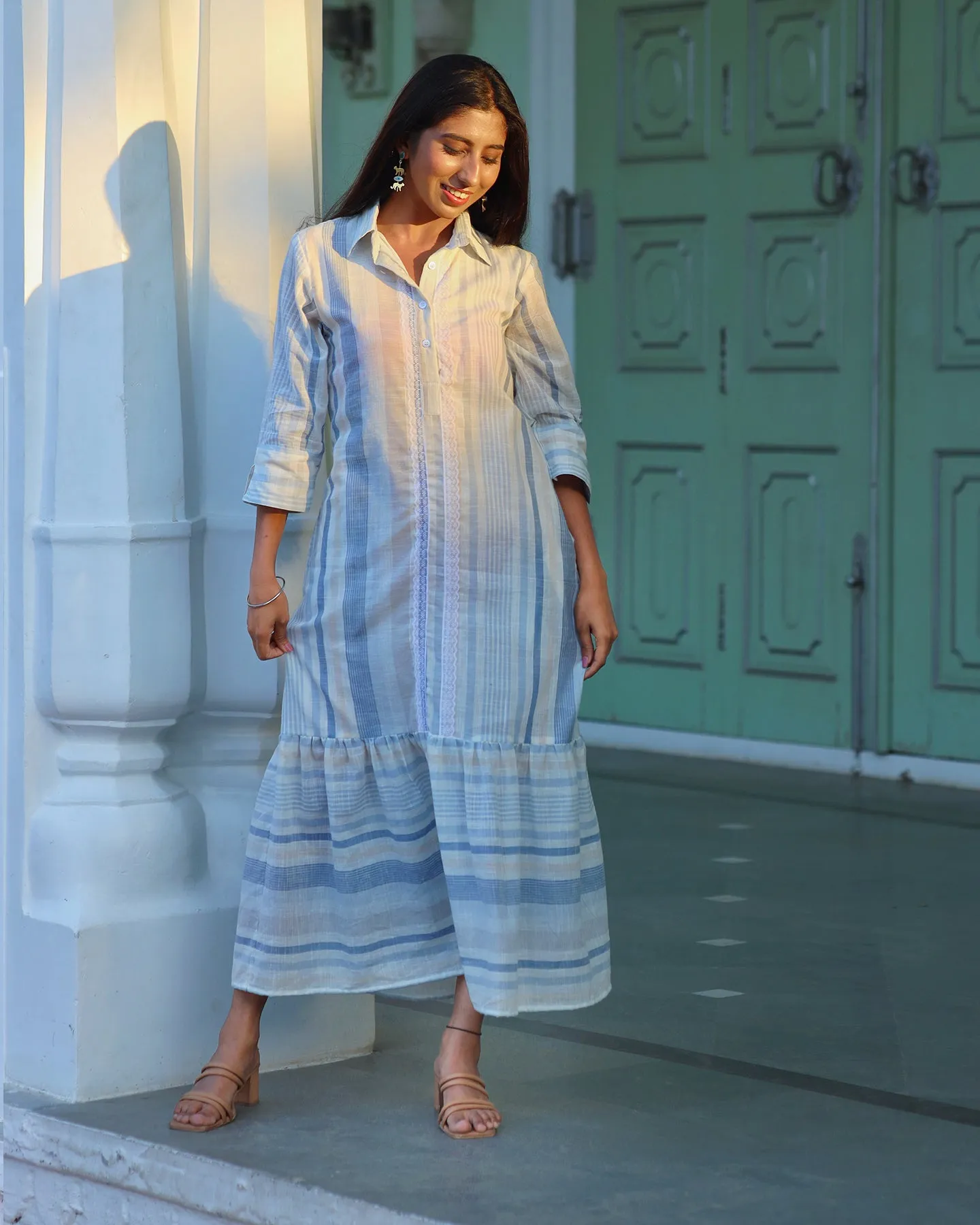 BLUE COTTON STRIPED DRESS