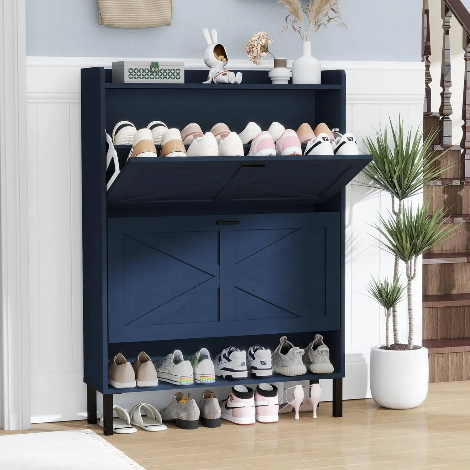 classic Shoe Storage Cabinet with 2 Flip Drawers for Entryway, Farmhouse Wood Shoe Cabinet, Freestanding Narrow Shoe Rack Organizer with Metal Legs for Hallway Living Room (Rustic Brown)