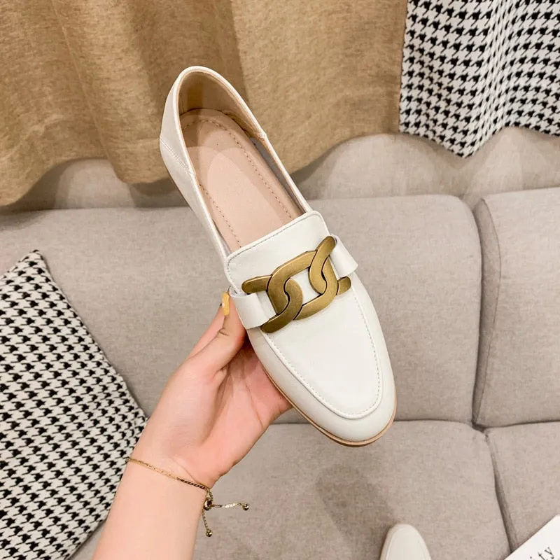 Cowhide Classic Style Black Metal Buckle Leather Flat Loafers Soft  Women Shoes Driving  Maternity Shoes  Pumps Brown Walking