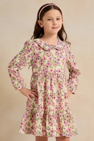 Girls White Floral Tired Woven Dress