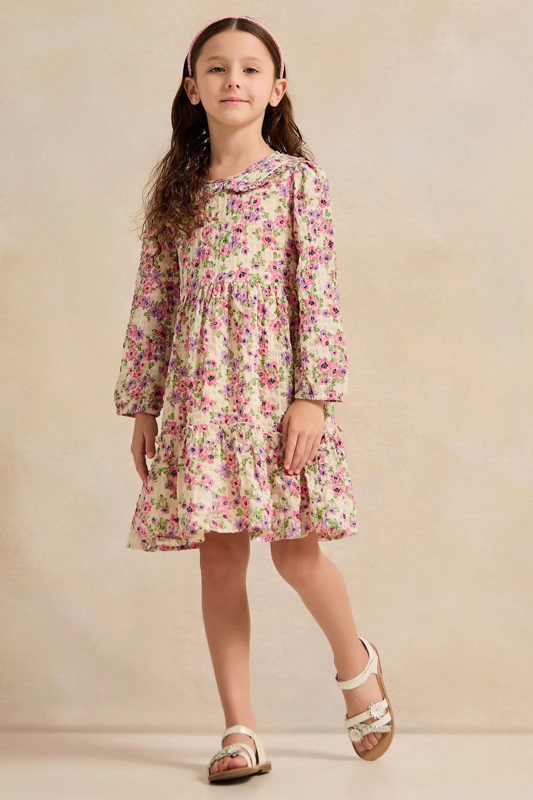 Girls White Floral Tired Woven Dress