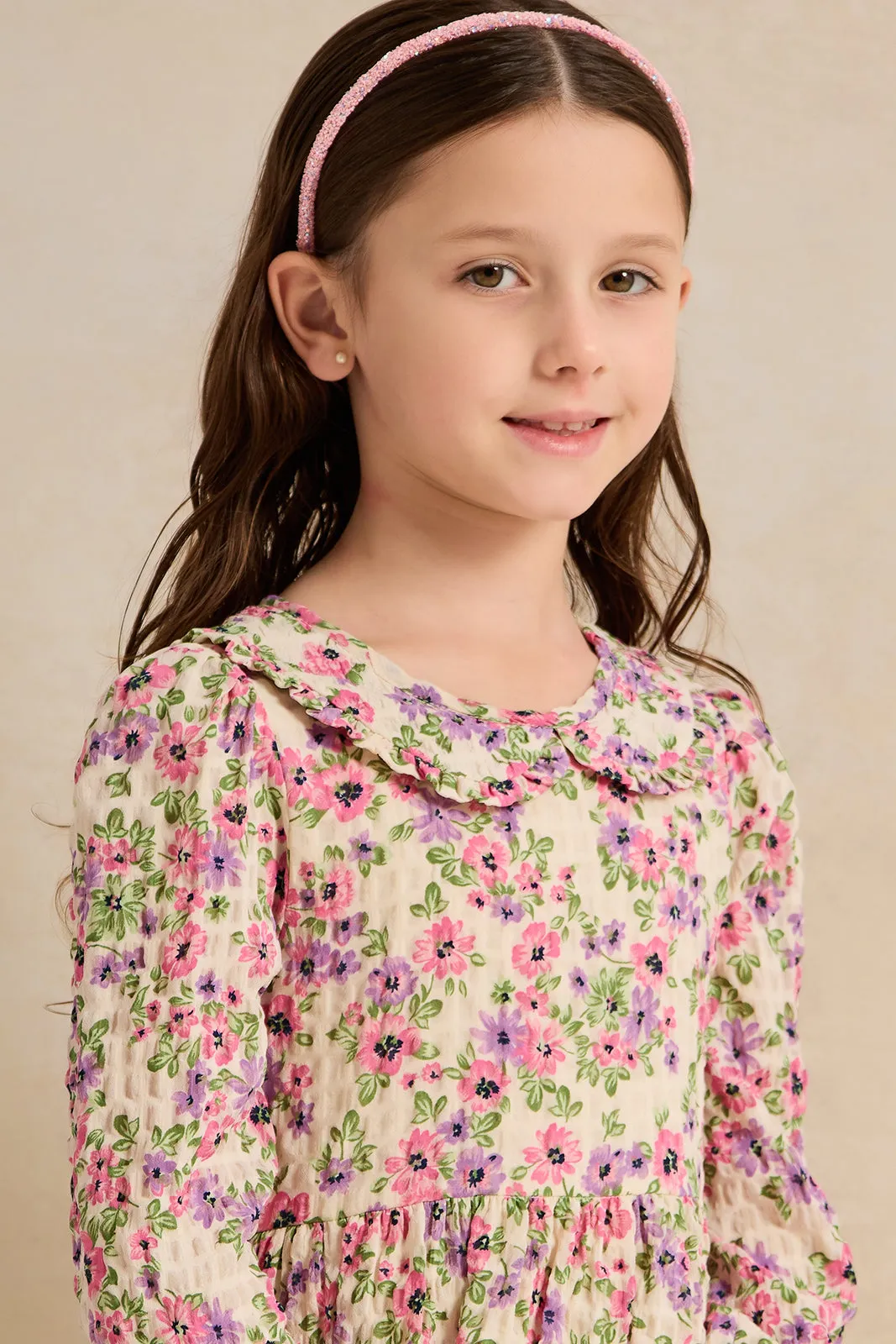Girls White Floral Tired Woven Dress