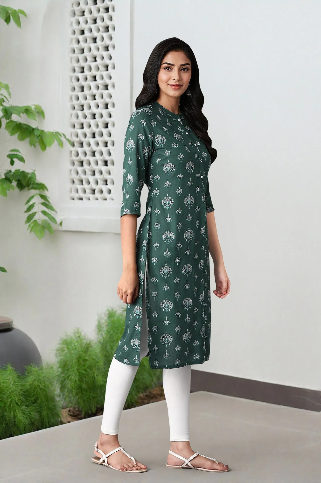 Green Printed Straight kurta