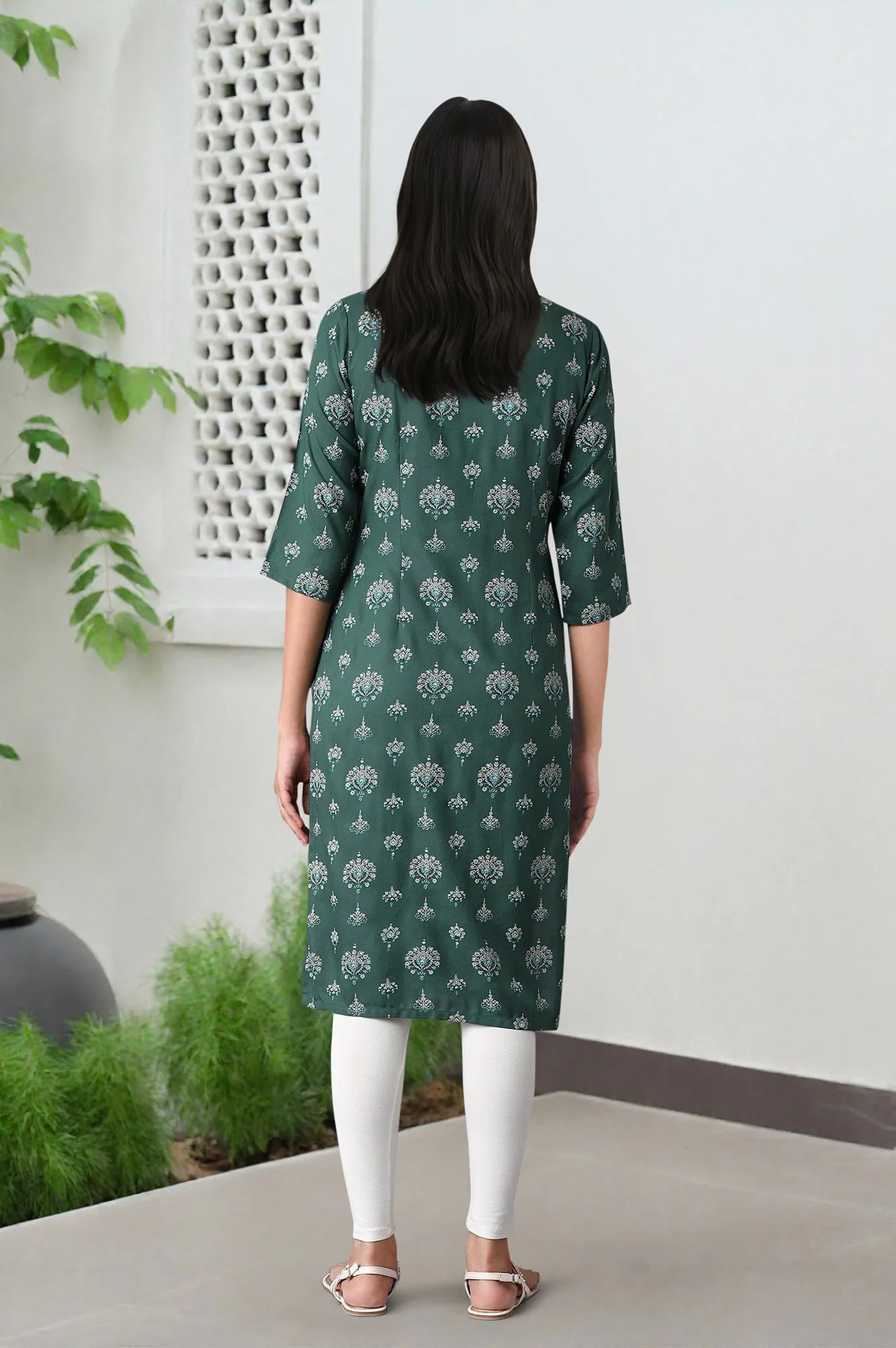 Green Printed Straight kurta