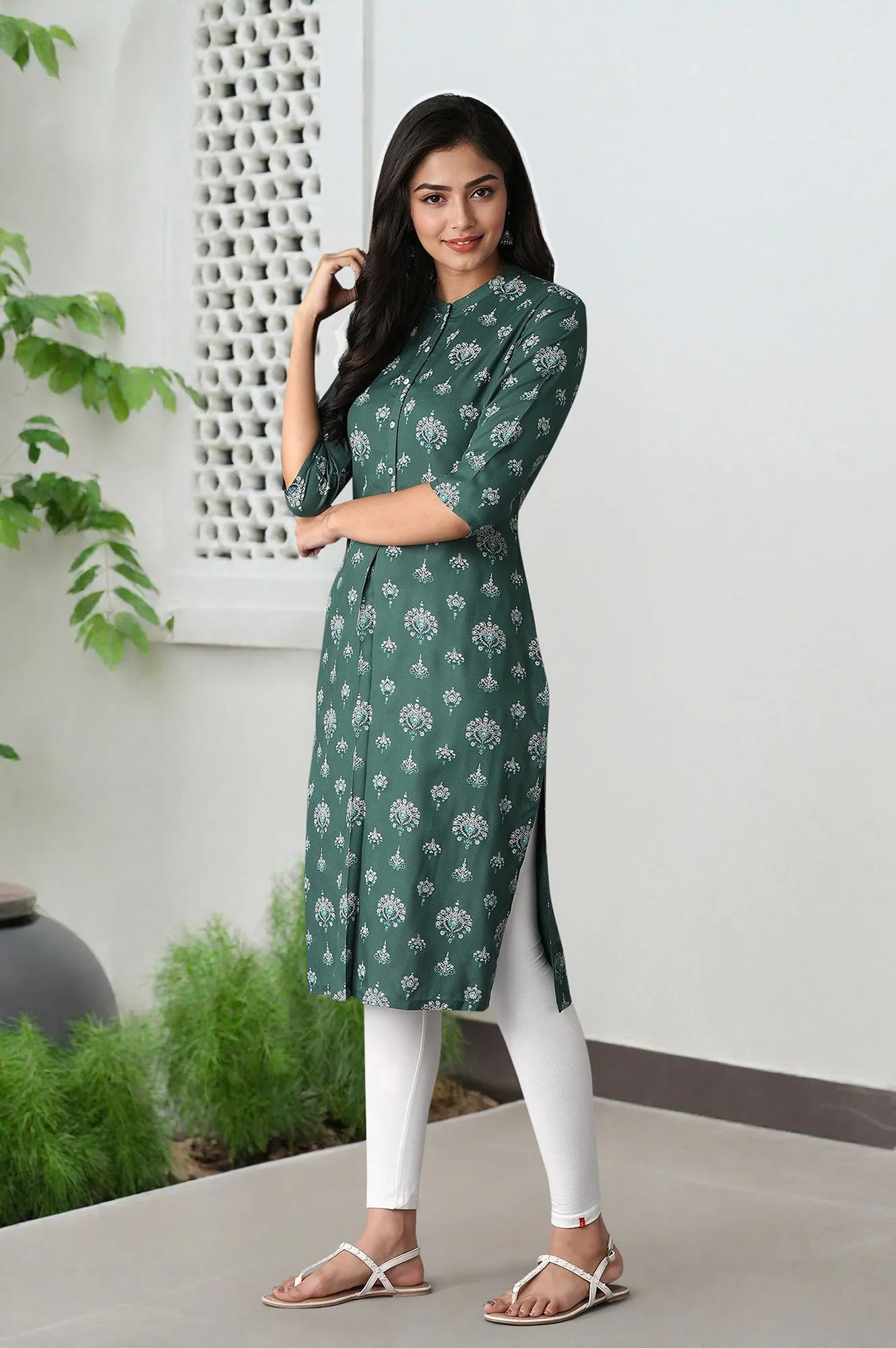 Green Printed Straight kurta