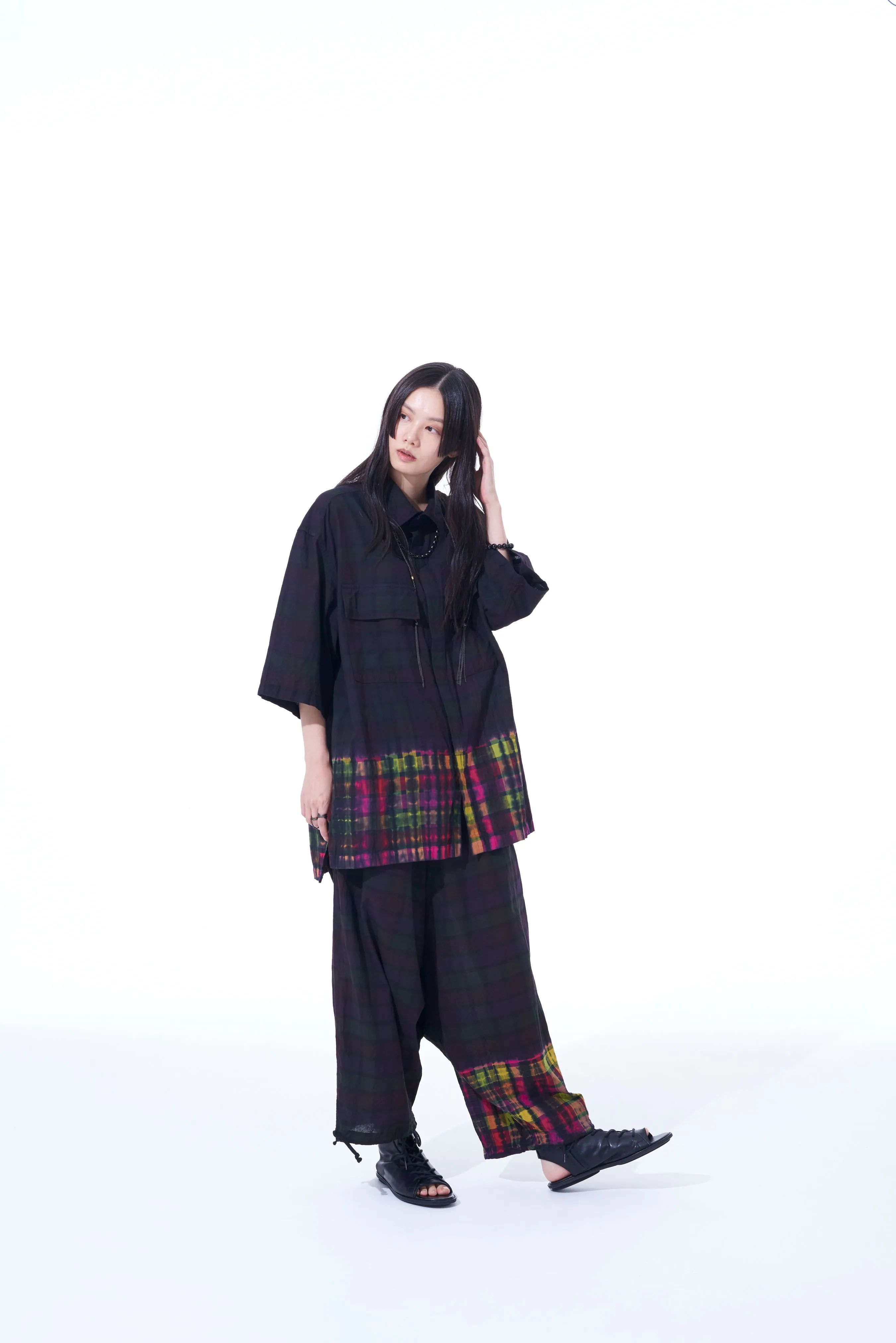 INDIAN MADRAS CHECK TIE-DIE HALF-SLEEVE BIG SHIRT WITH FLAP POCKETS
