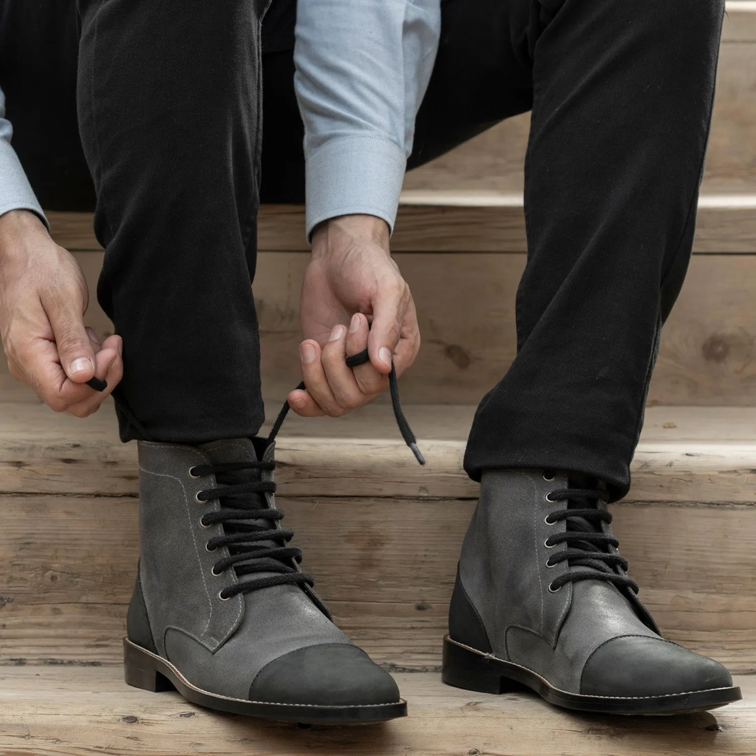 Knight Derby Grey & Black Leather Boots - StudGuard