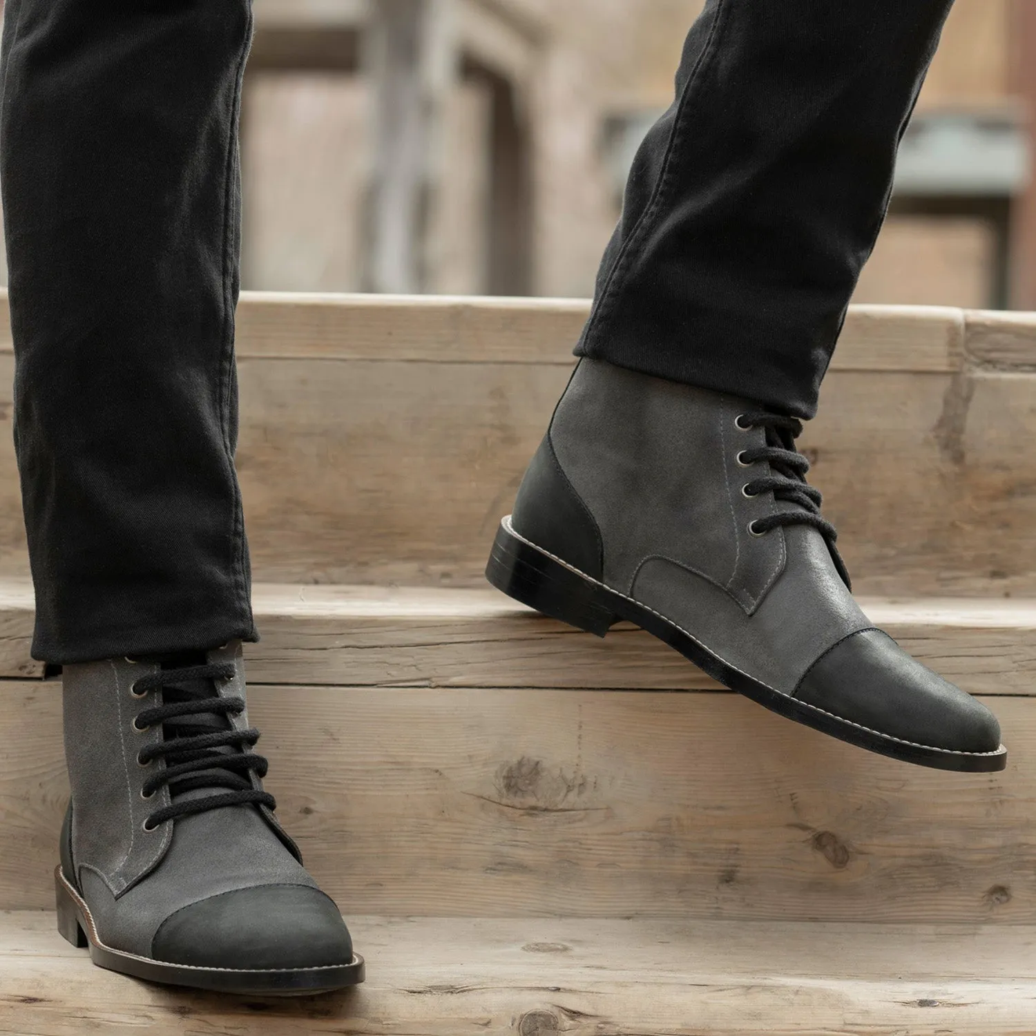 Knight Derby Grey & Black Leather Boots - StudGuard