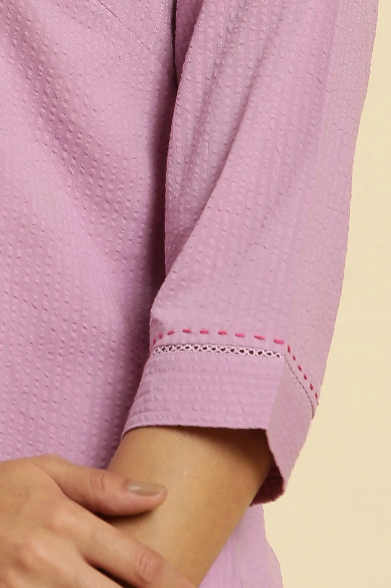 Light Purple Seer Sucker Embroidered Kurta