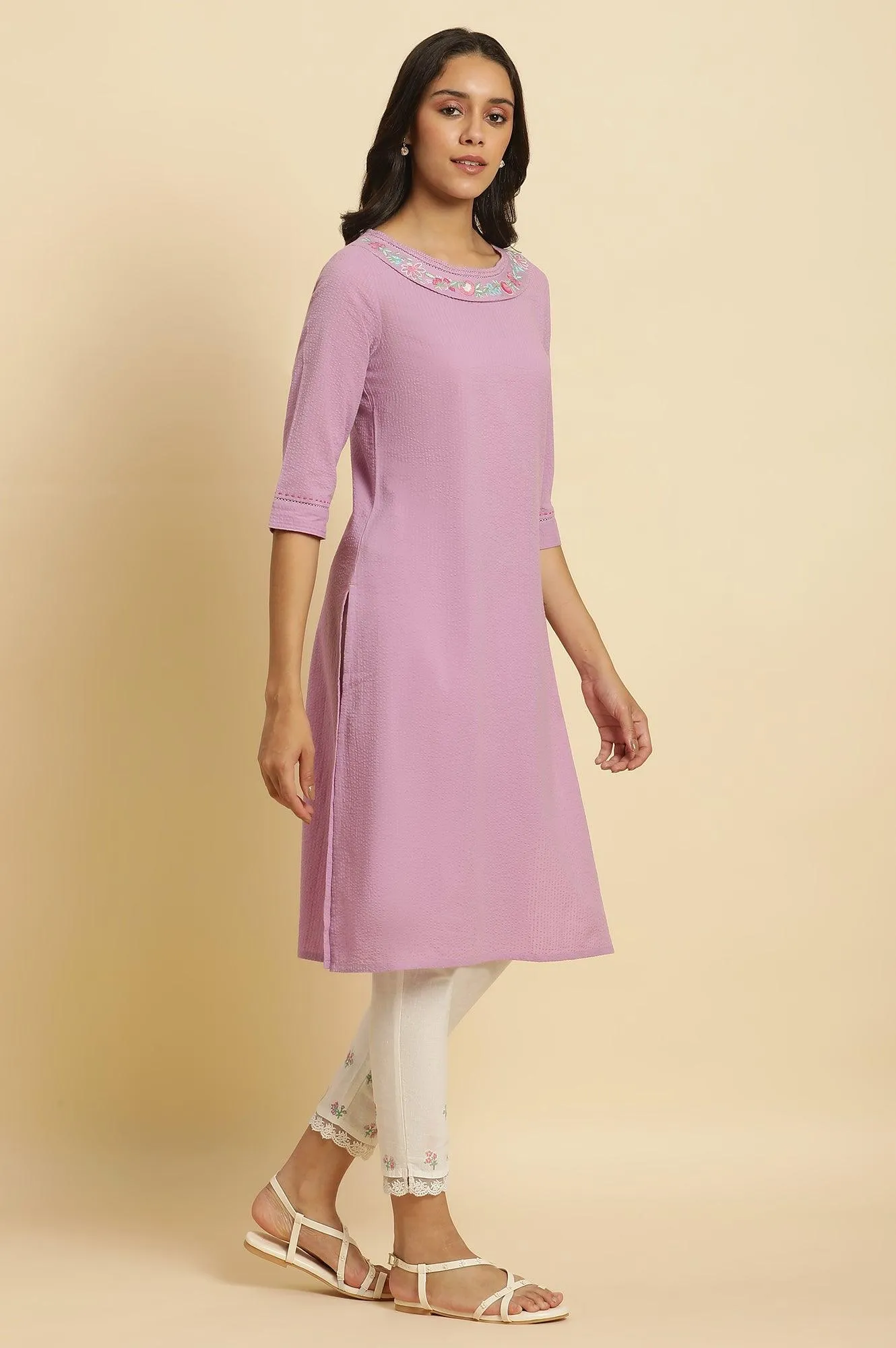 Light Purple Seer Sucker Embroidered Kurta