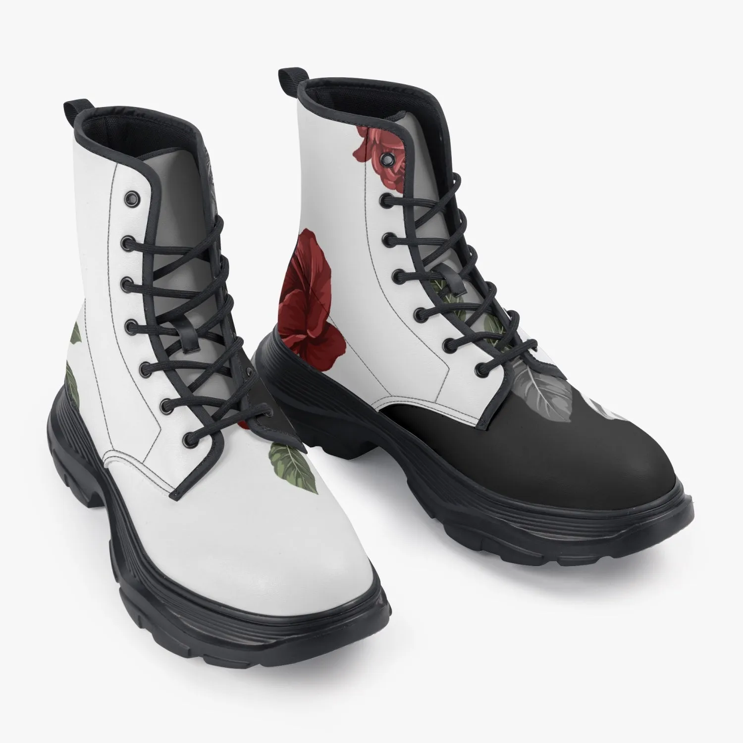 Light Versus Dark Roses Casual Leather Chunky Boots