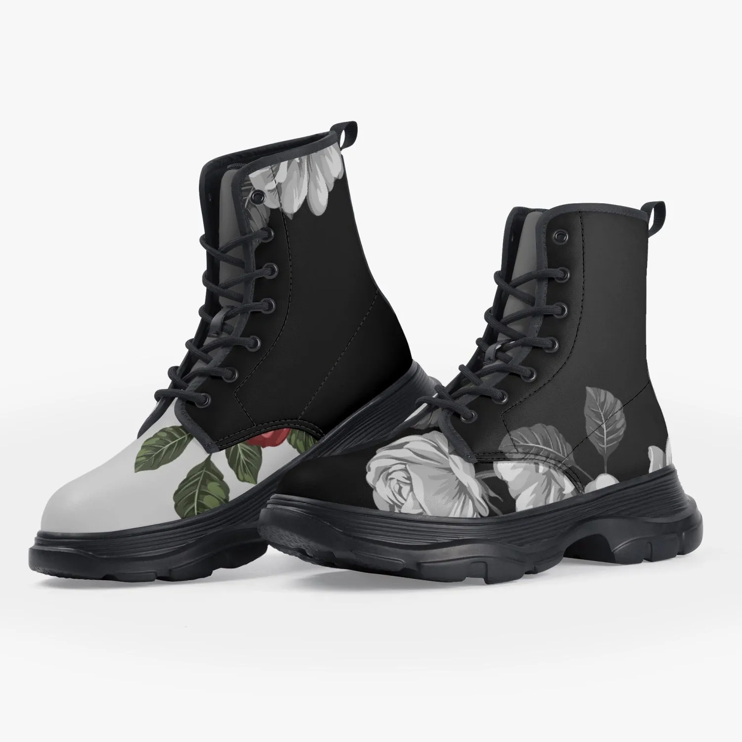 Light Versus Dark Roses Casual Leather Chunky Boots