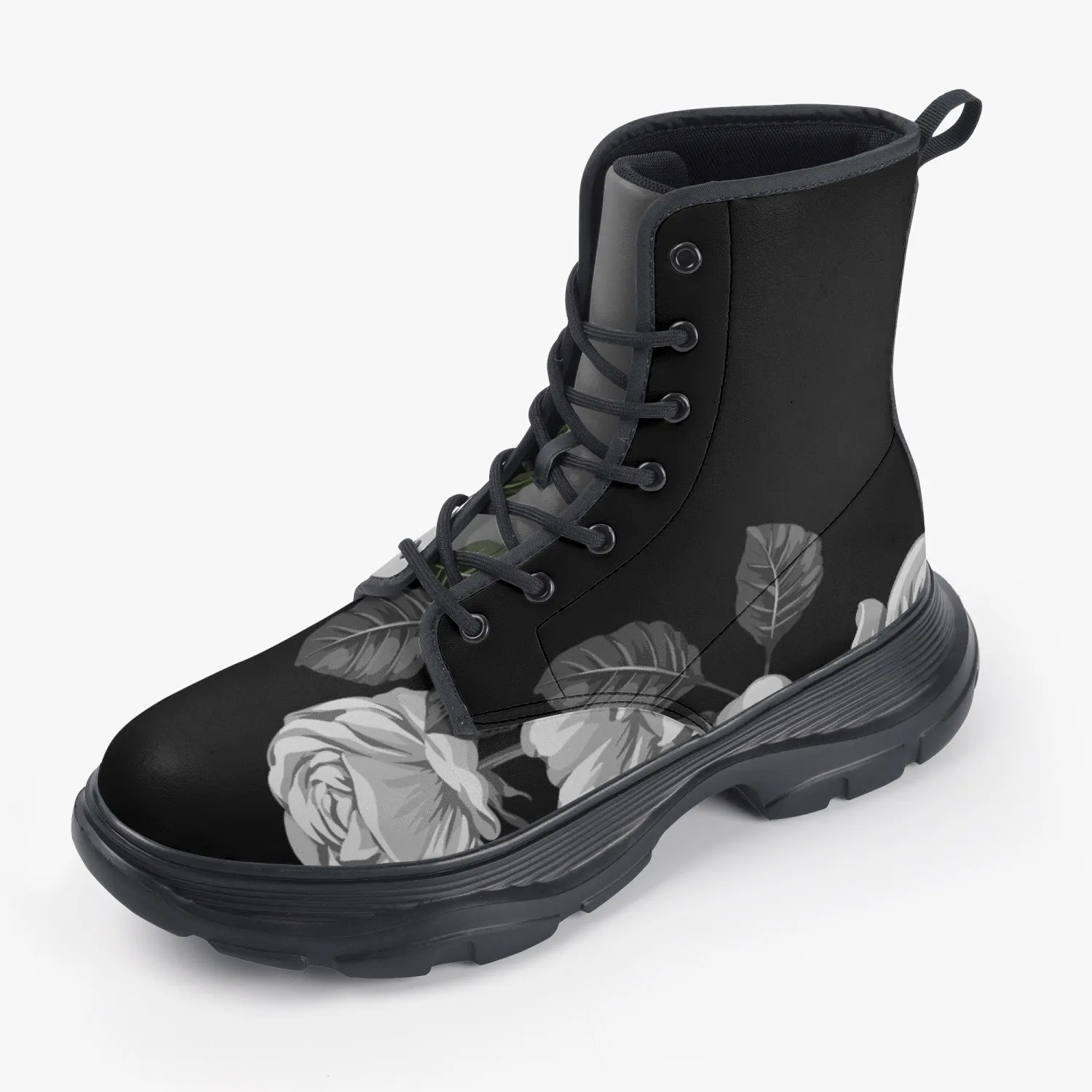 Light Versus Dark Roses Casual Leather Chunky Boots