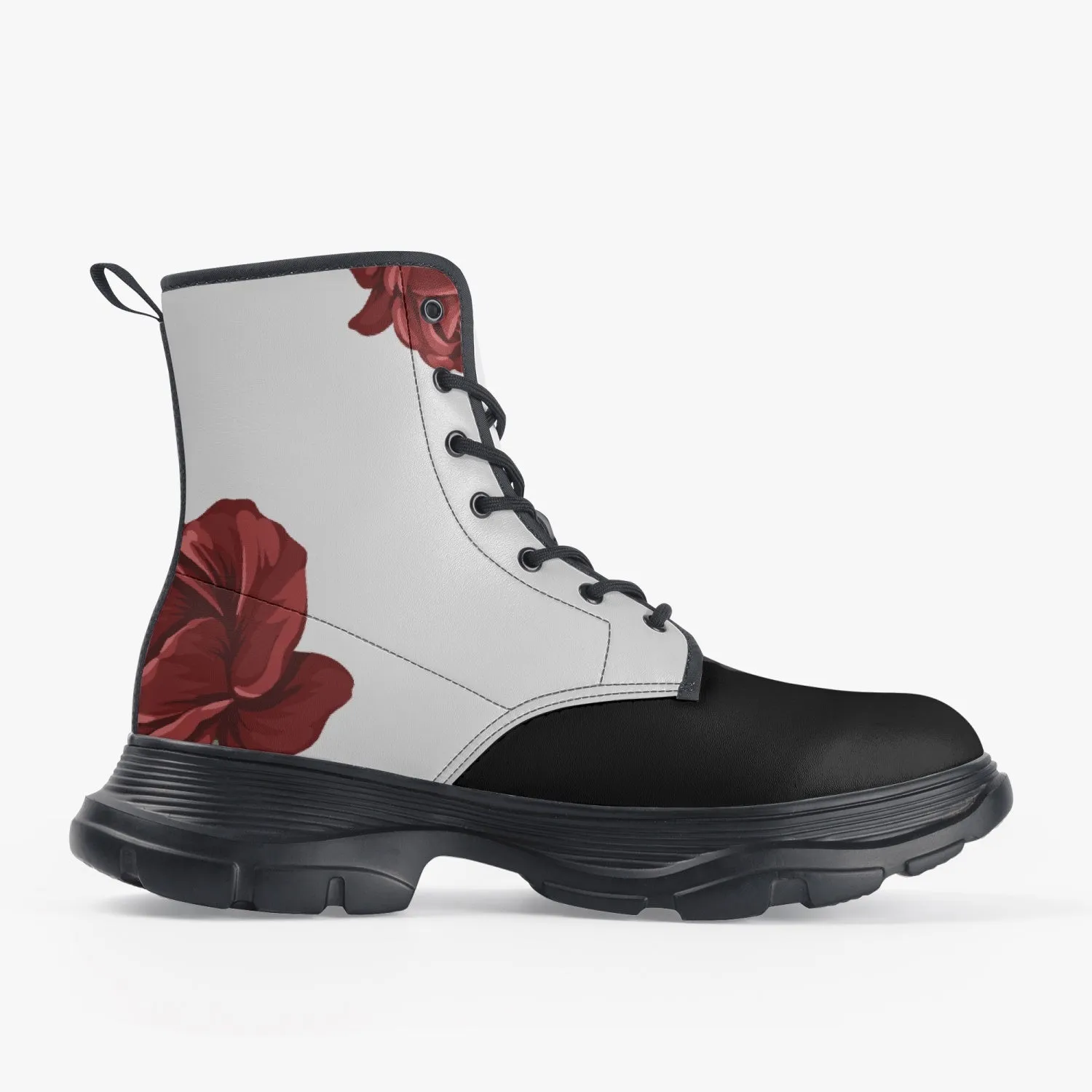Light Versus Dark Roses Casual Leather Chunky Boots