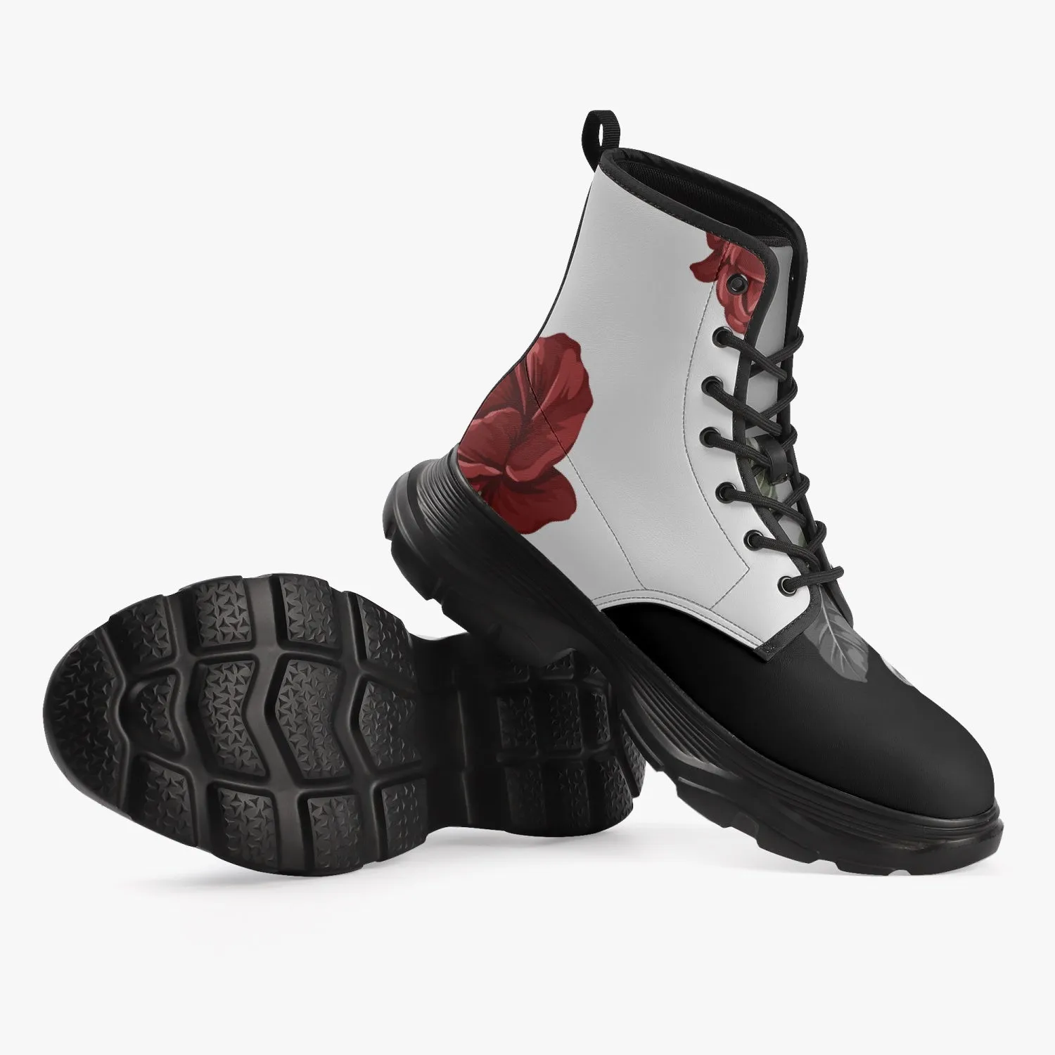 Light Versus Dark Roses Casual Leather Chunky Boots