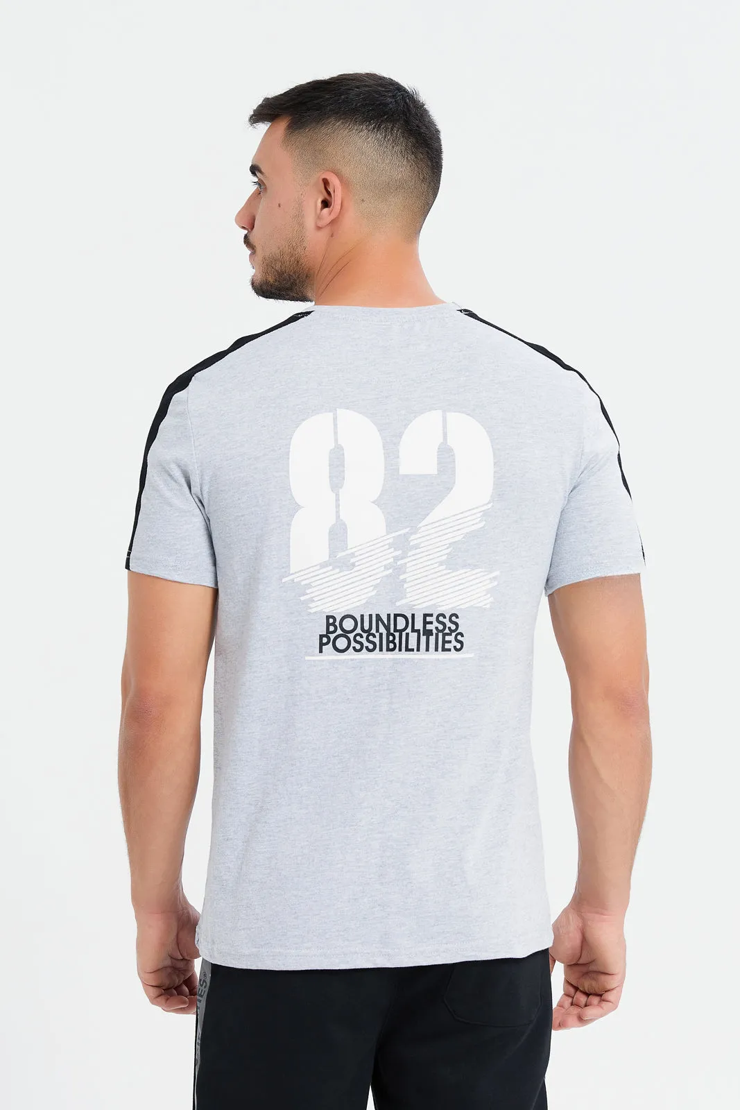 Men Grey Back Print Active T-Shirt