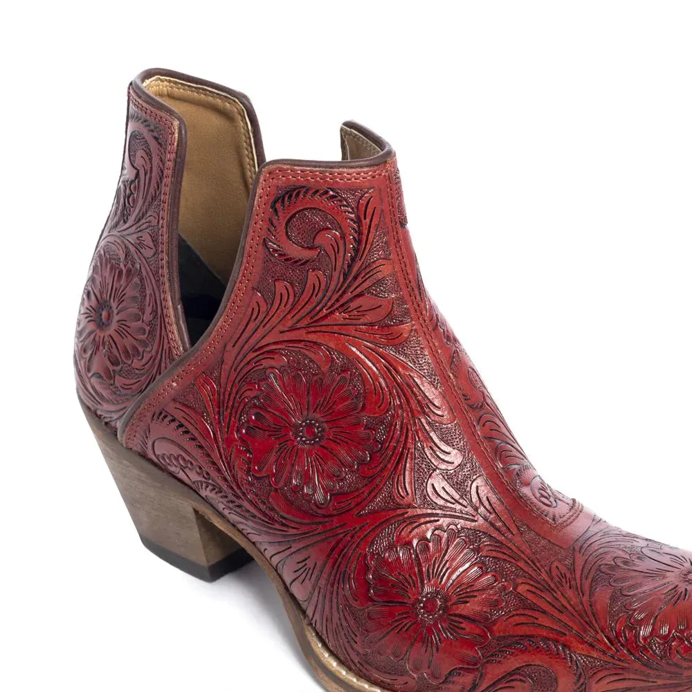 Moxie Hand-tooled Booties in Scarlet