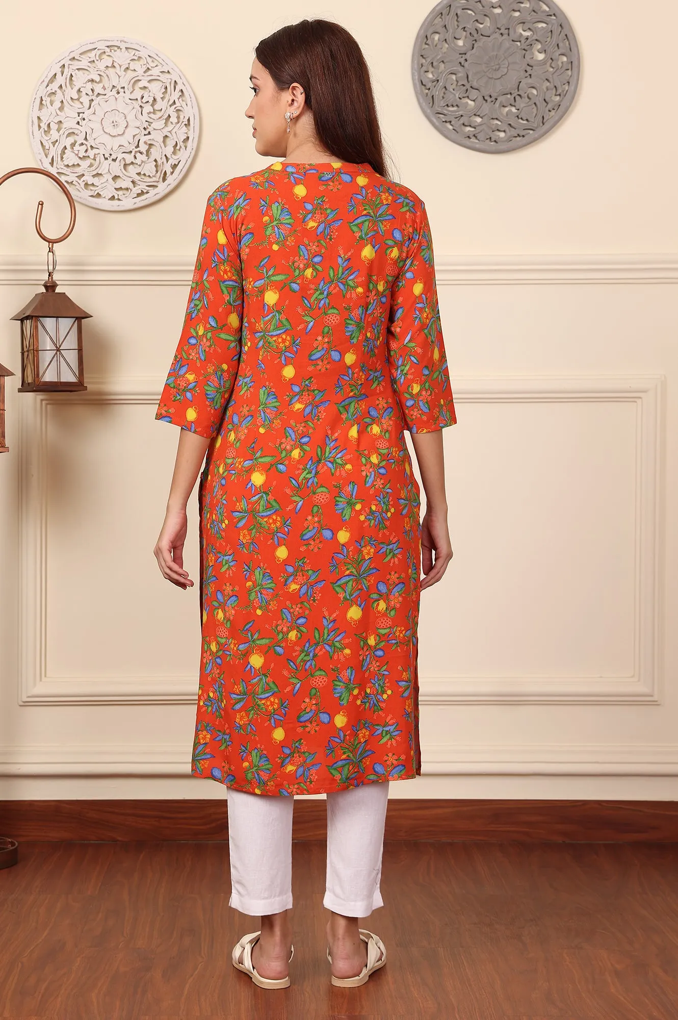 Orange Floral Printed Rayon Straight Kurta