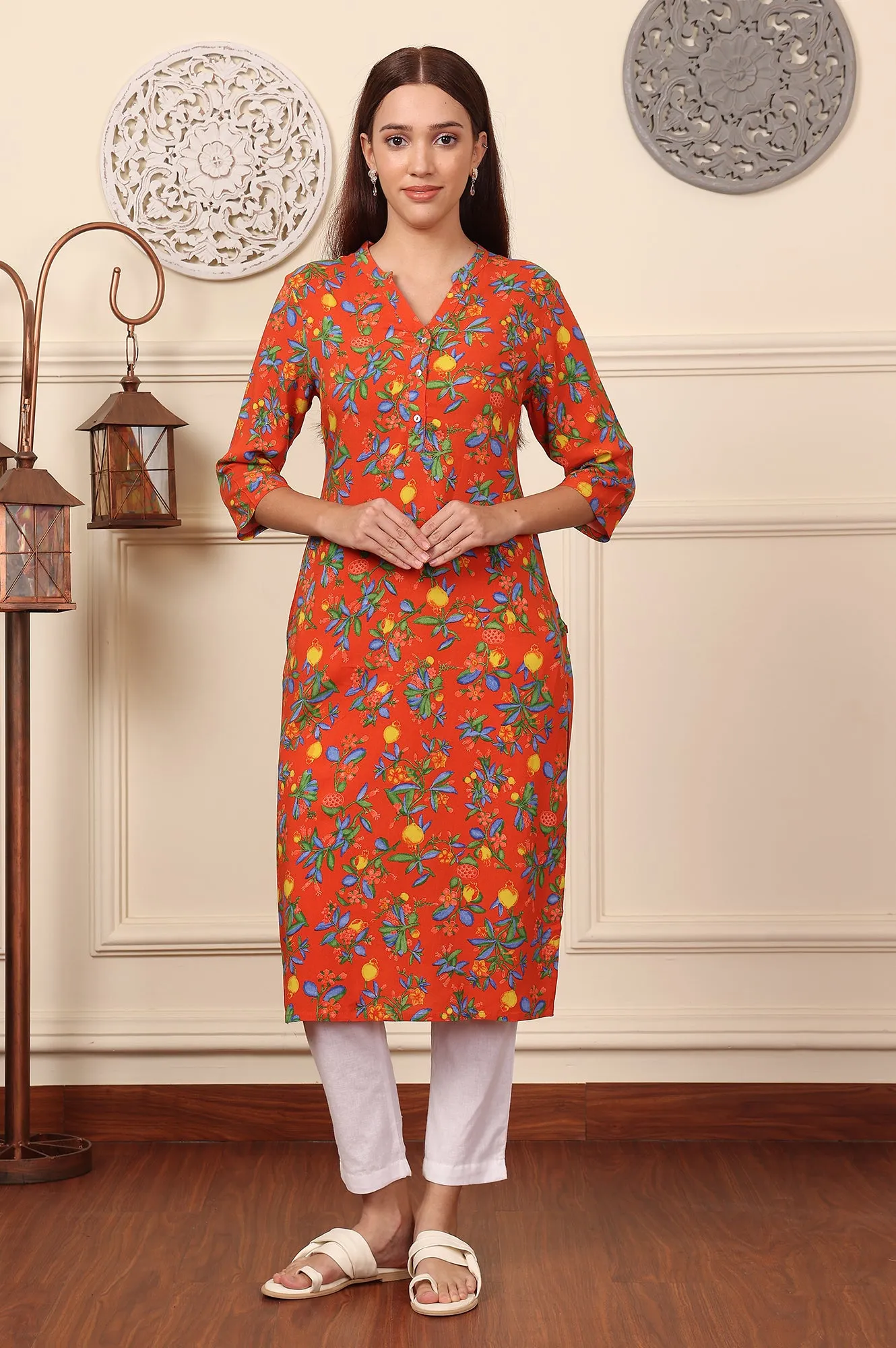 Orange Floral Printed Rayon Straight Kurta