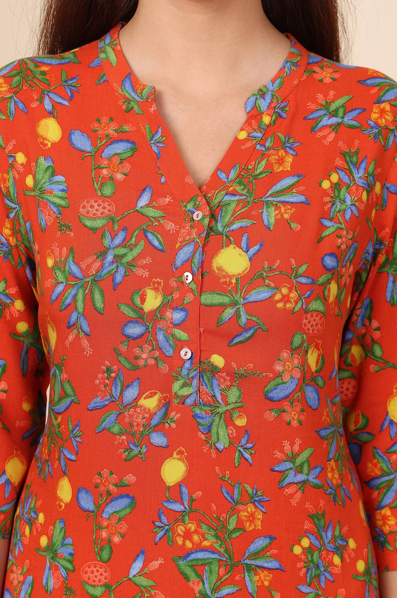 Orange Floral Printed Rayon Straight Kurta