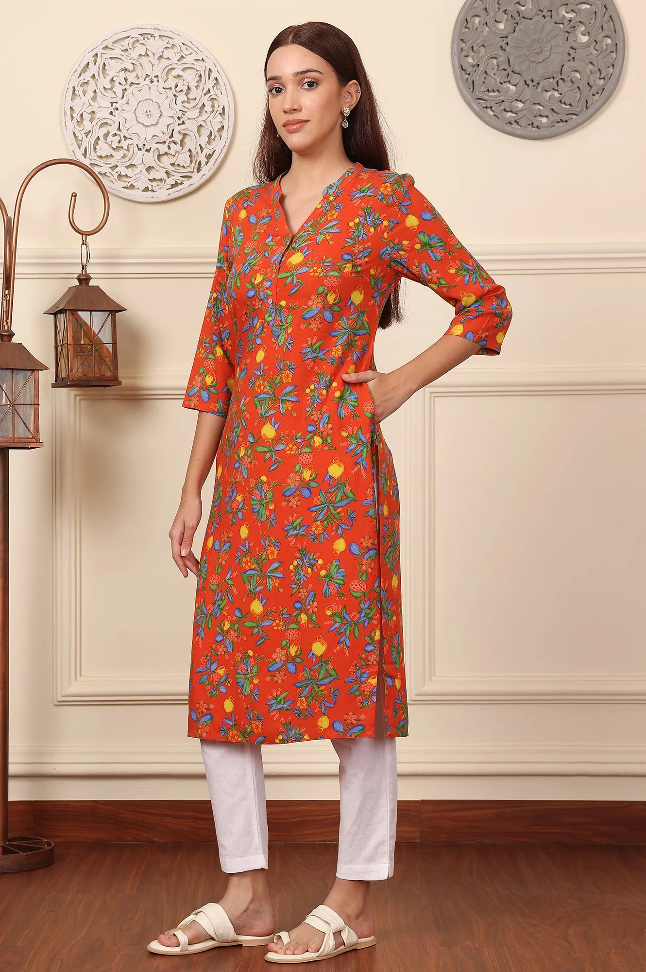 Orange Floral Printed Rayon Straight Kurta