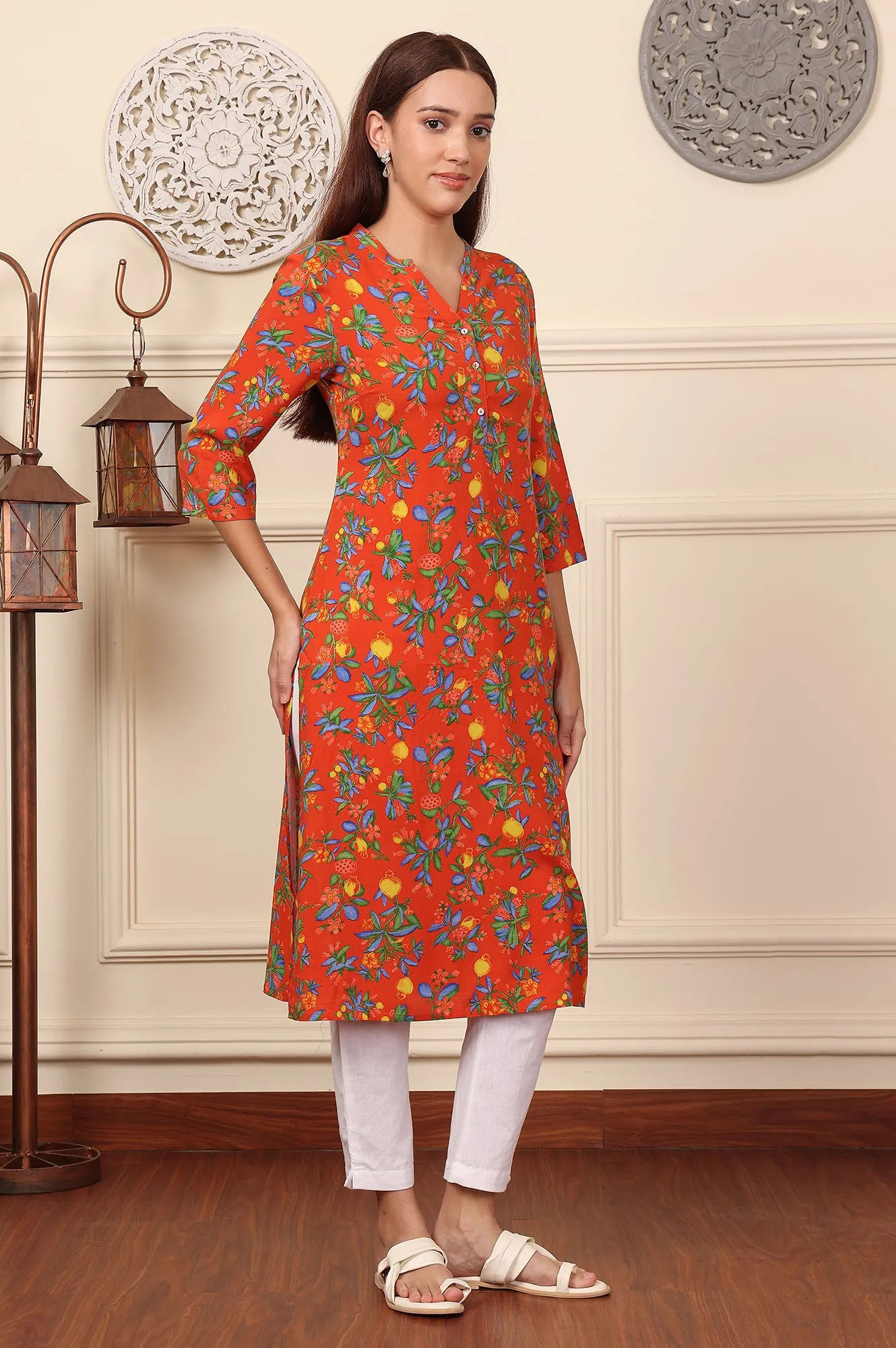 Orange Floral Printed Rayon Straight Kurta
