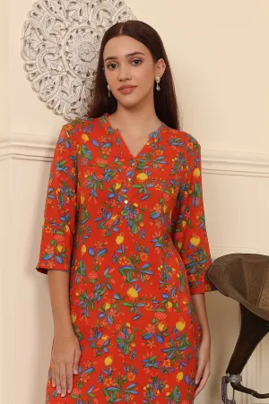 Orange Floral Printed Rayon Straight Kurta