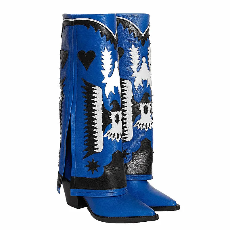 Two-Tone Full-Grain Leather Chunky Heel Mid-Calf Martin Boots