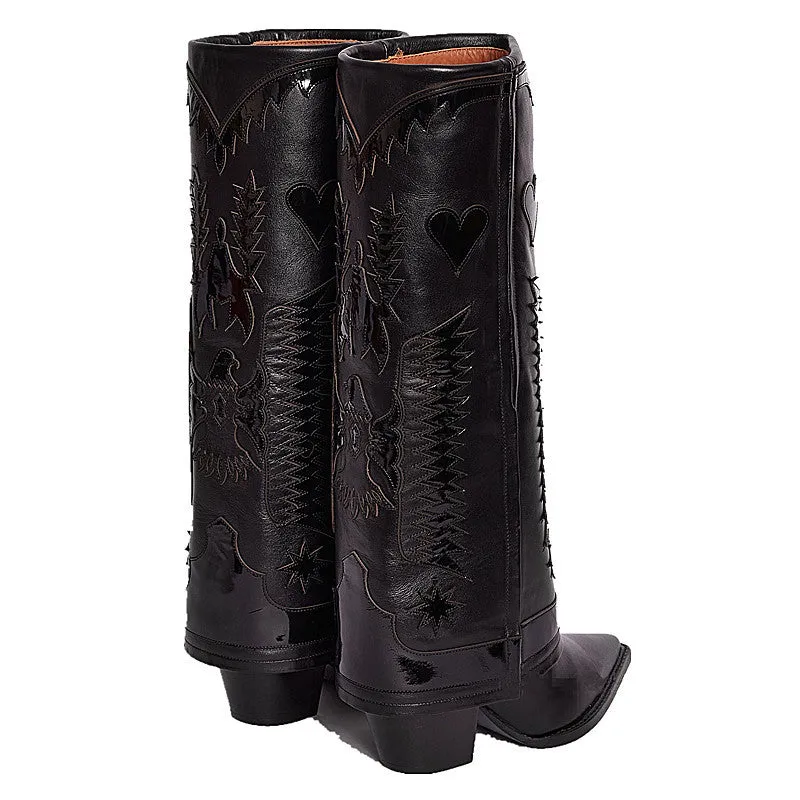 Two-Tone Full-Grain Leather Chunky Heel Mid-Calf Martin Boots