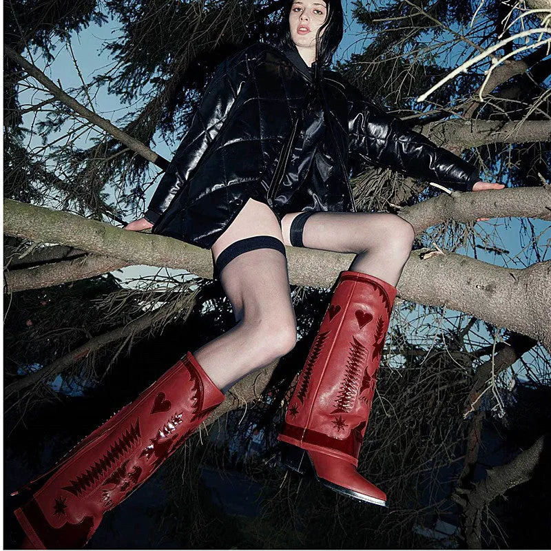 Two-Tone Full-Grain Leather Chunky Heel Mid-Calf Martin Boots
