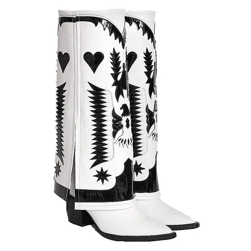 Two-Tone Full-Grain Leather Chunky Heel Mid-Calf Martin Boots