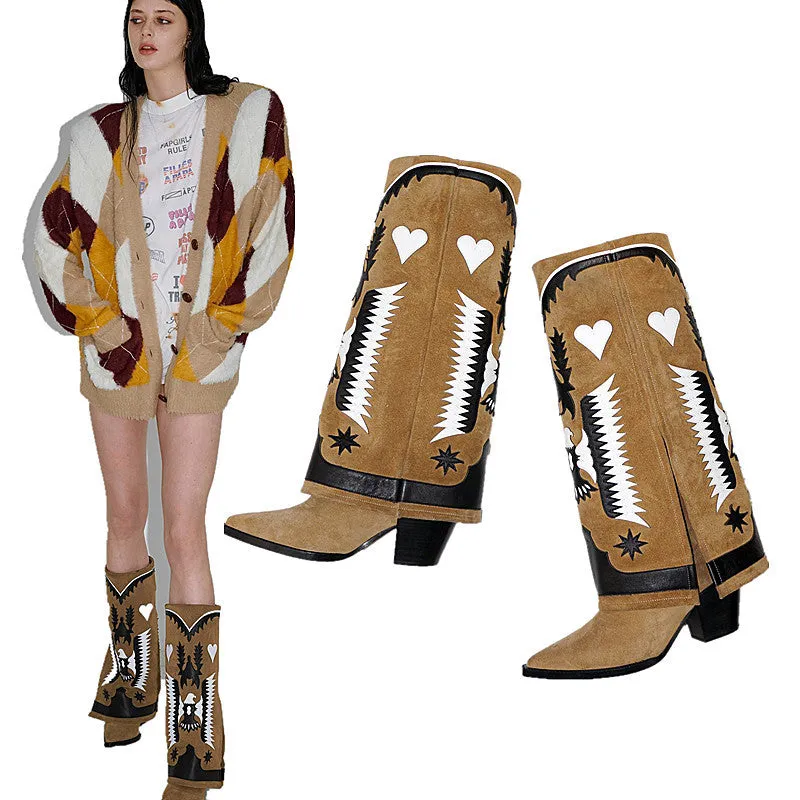 Two-Tone Full-Grain Leather Chunky Heel Mid-Calf Martin Boots