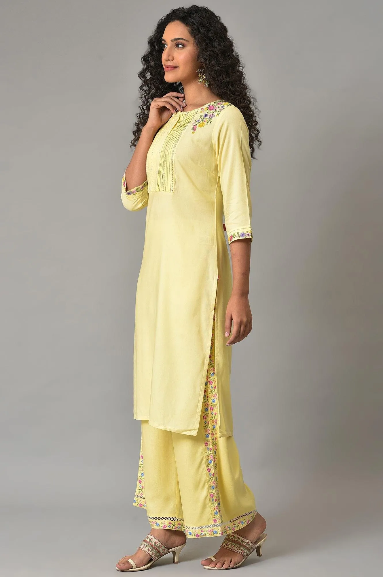 Yellow Embroidered Plus Size Summer kurta With Pleats On Yoke